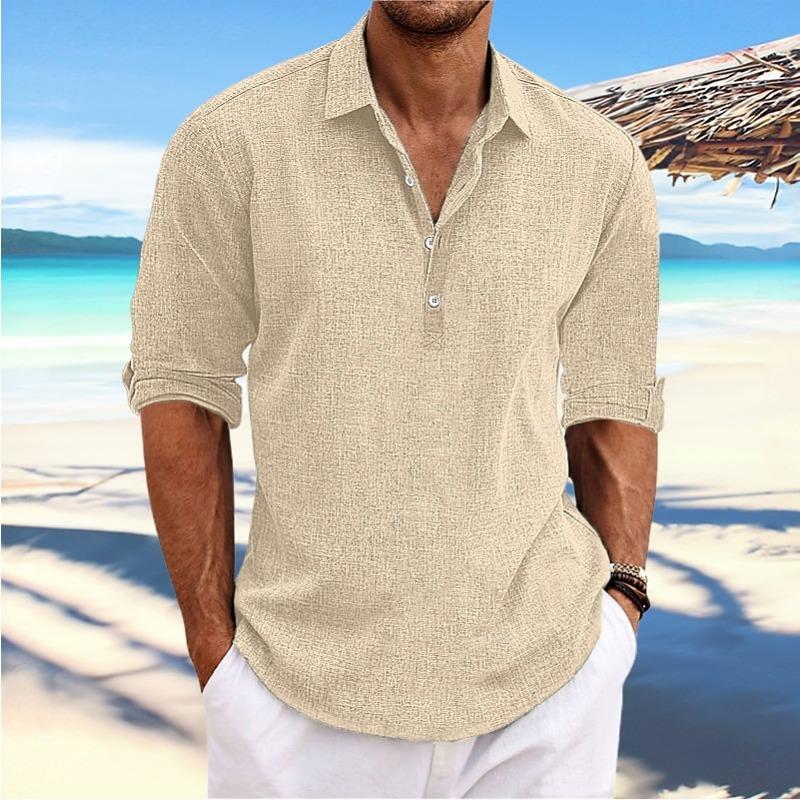 Men Linen Blend Half Button Long Sleeve Henley Shirt Roll Up Sleeve Casual Beach Top
