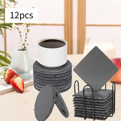 12 Pieces Slate Coasters for Drinks Cup Coaster,Rustic,Table Decor,with Holder Stone Set