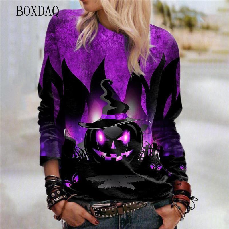 Horror Pumpkin Pattern Women Halloween T-Shirts Autumn Winter Long Sleeve 3d Print Street Ladies Tees 6XL Plus Size Casual Tops