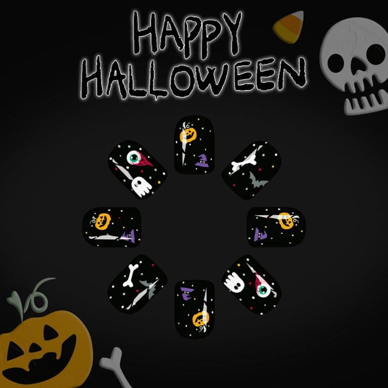 24Pieces Halloween Press On Nail Black Theme White Skeleton Skull Design Fingernail Tips Nail Not Need Tools