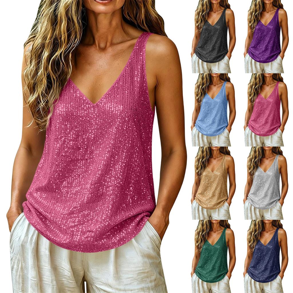 Damesmode V-hals Mouwloos Pailletten Tanktop Casual Ontspannen Pasvorm Veelzijdige Lichtgewicht Blouse voor Dagelijks Gebruik
