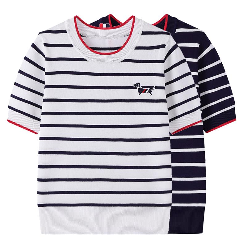 Summer Autumn Women Embroidery Dog Knitted Striped Sweater Pullover Jumper Tops