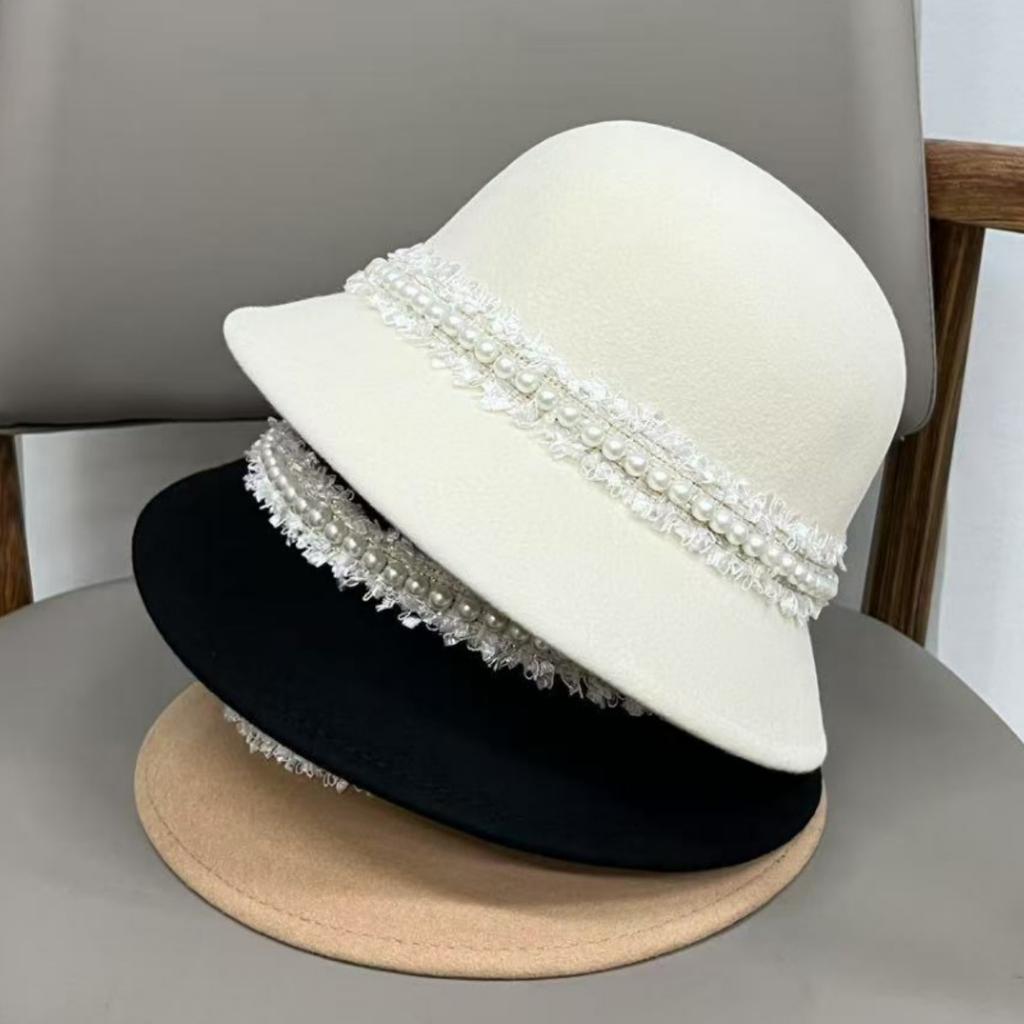 Elegant fashion celebrity style pearl wool bucket hat women autumn and winter British top hat travel temperament basin hat