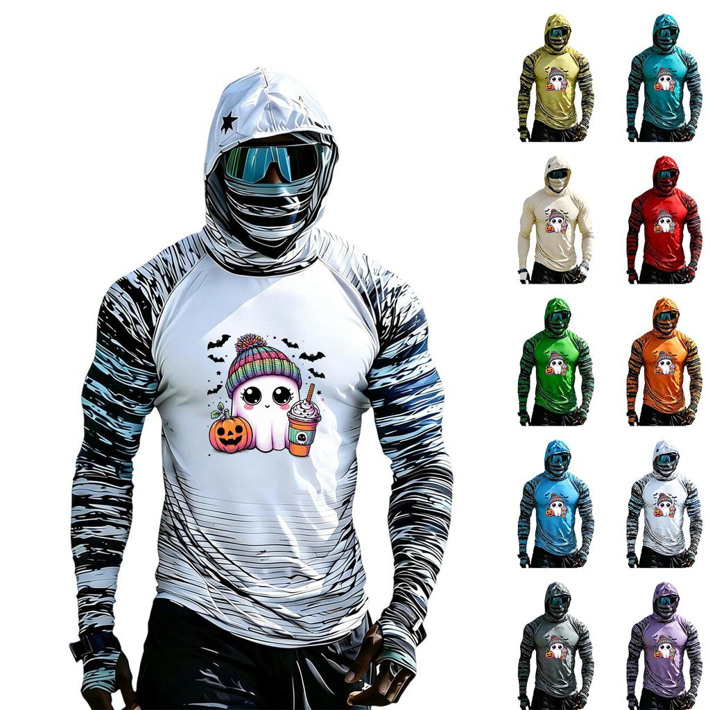 Men's Casual Long Sleeve Hooded Raglan Sun Top with Colorblock and Halloween Print