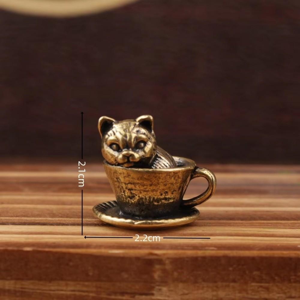2pcs Exquisite Mini Coffee Cup Pet Figurines Brass Copper Carving Coffee Cup Pet Statue Cat Dog Sculpture Desk Ornaments
