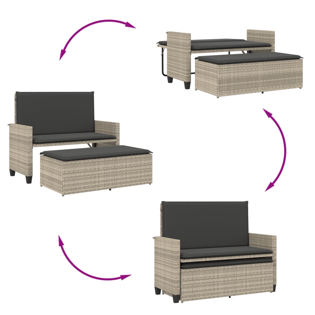 Garden Bench with Cushions and Footstool Light Grey Poly Rattan