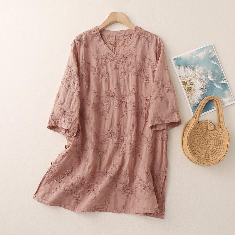 Summer 2026 Embroidered Retro V-Neck Loose Fit Mid-Length Shirt Dress XL
