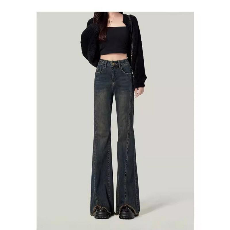 

Светло-голубые женские слегка расклешенные джинсы с потертыми краями, осенние новые узкие брюки-швабры с высокой талией и подковообразным кроем XL темно-серого