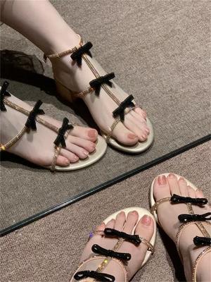 Thick Heel Medium Heel Sparkling Gold Roman Sandals Women's 2025 Vintage Open-toed Bow with Diamonds Stunning High Heel