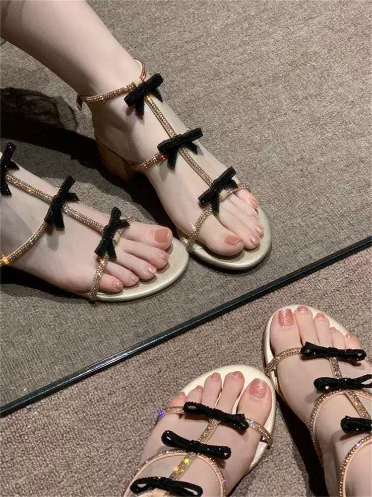 Thick Heel Medium Heel Sparkling Gold Roman Sandals Women's 2025 Vintage Open-toed Bow with Diamonds Stunning High Heel