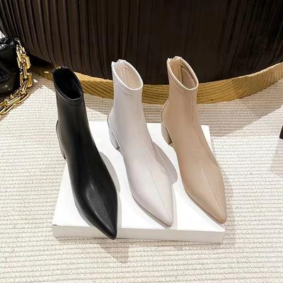 Botas de mujer con punta puntiaguda y cremallera trasera, botas cortas elegantes de tacón alto cuadrado para invierno 2024