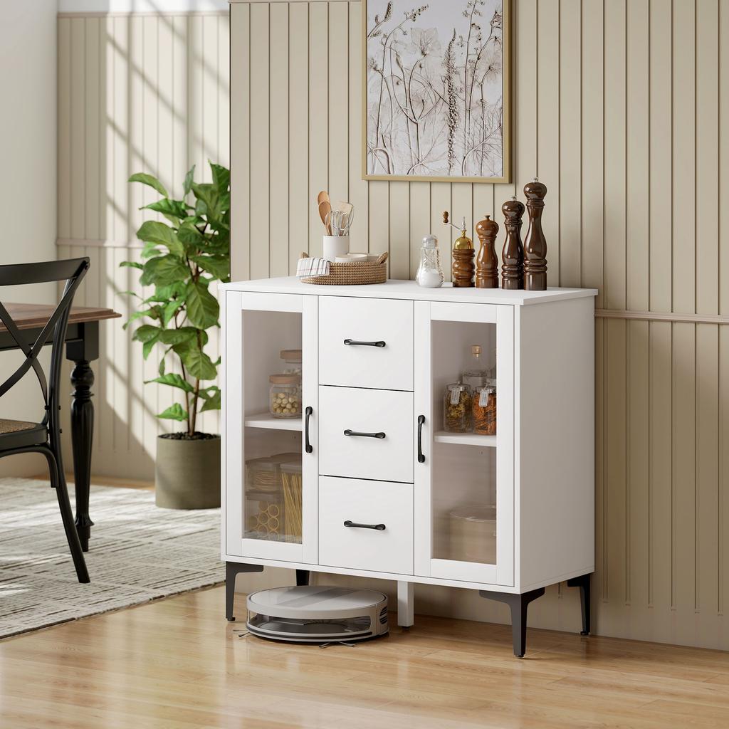 Modern Sideboard with Soft-Close Doors, Buffet Cabinet with 3 Drawers, 2 Glass Doors, Adjustable Shelves, MDF, White