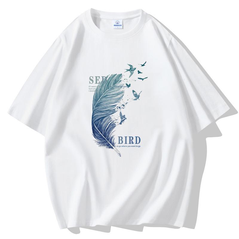 10 Colors Feather Man's Short Sleeves Loose T-shirt 100% Cotton Casual Tee Size S-5XL