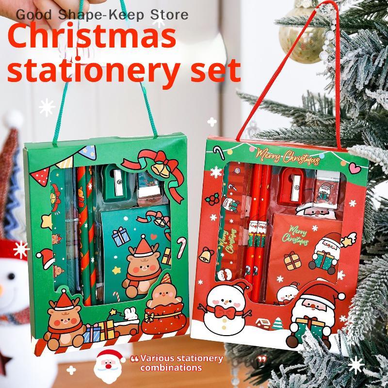 6Pcs/set Cartoon Christmas Kawaii Children Stationery Set Pencil Sharpener Erasers Pencils Rulers School Stationery Supplies