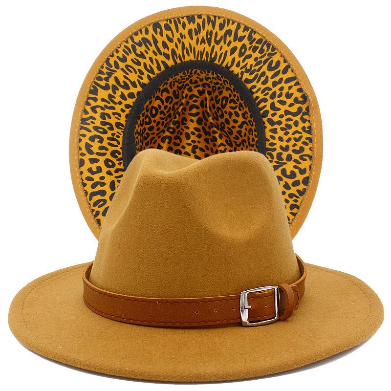 Autumn and winter new leopard print woolen top hat outdoor big edge warm felt hat belt British style jazz hat Wish