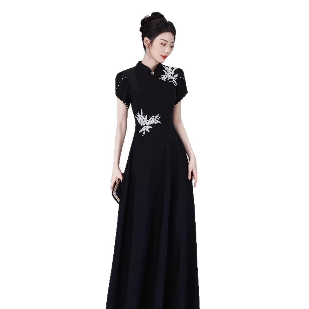 New Chinese retro cheongsam black evening dress music life and art test vocal music stage folk song solo guzheng performance suit