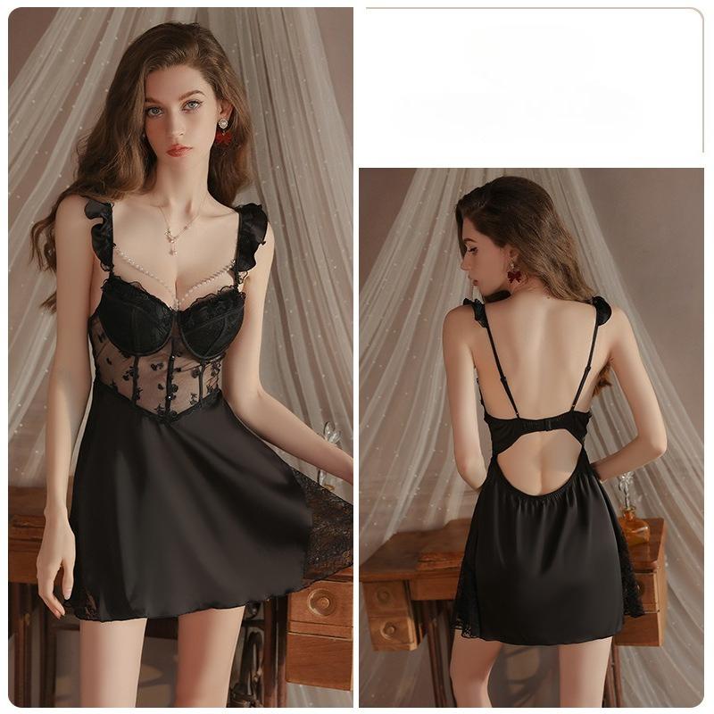 Plus Size Women’s Sexy Push-Up Underwire Sleep Dress Lace Backless Camisole Padded Deep V Nightdress