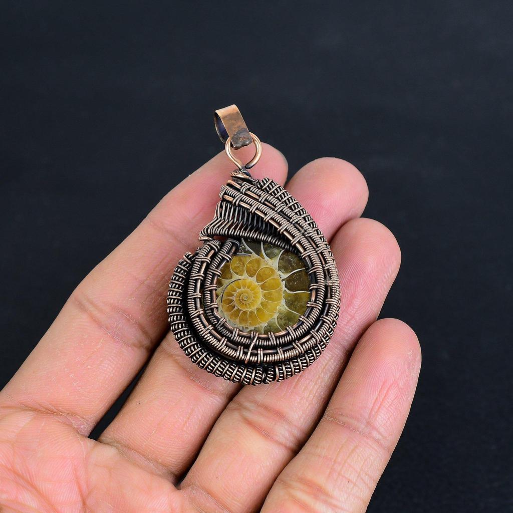 Ammonite 999 Copper Wire Wrapped Pendant, Handmade Gemstone Jewelry Pendant For Memorial Day