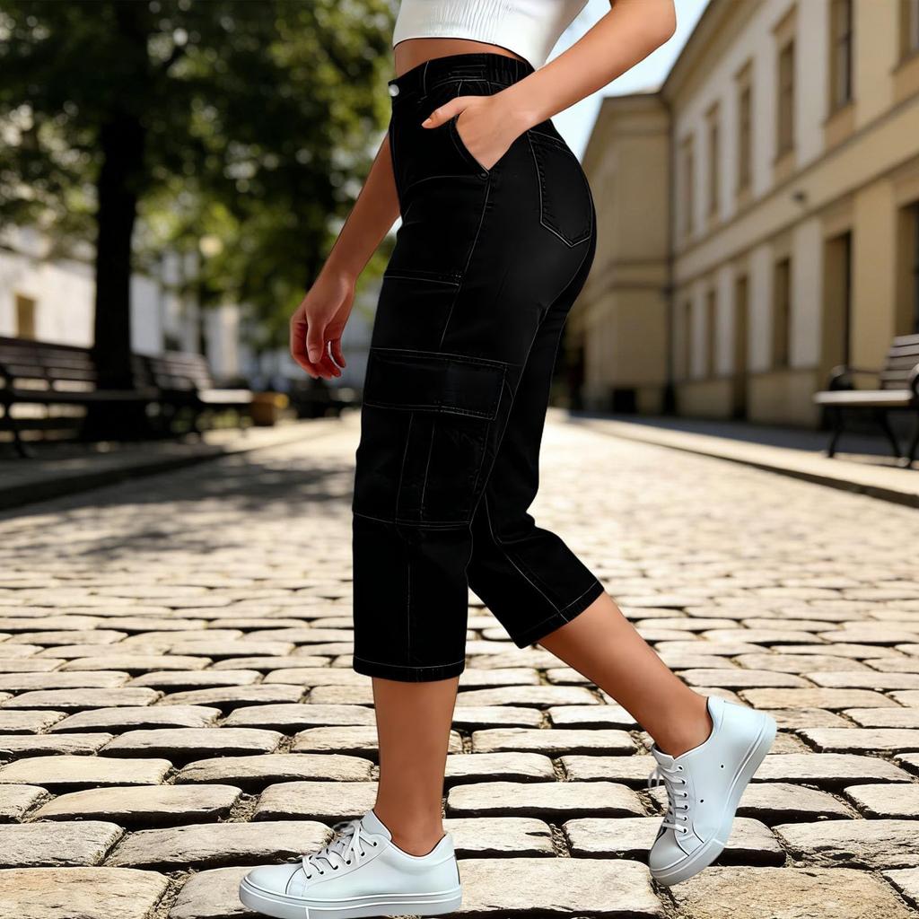Women Denim Capri Pants Casual Loose Fit Mid Rise Stretchy Fabric Seven Quarter Length Cargo Style with Pockets