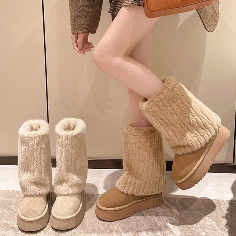 Milk huhu fluffy snow boots women's winter new thick-soled heightening medium boots piled and thickened large cotton shoes