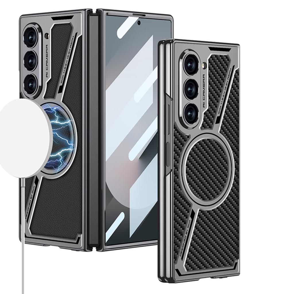 Samsung Fold6 Mobile Phone Case Electroplated Magnetic Wireless Charging Business Model Z Shaped E Sports Plain Leather Protective Case