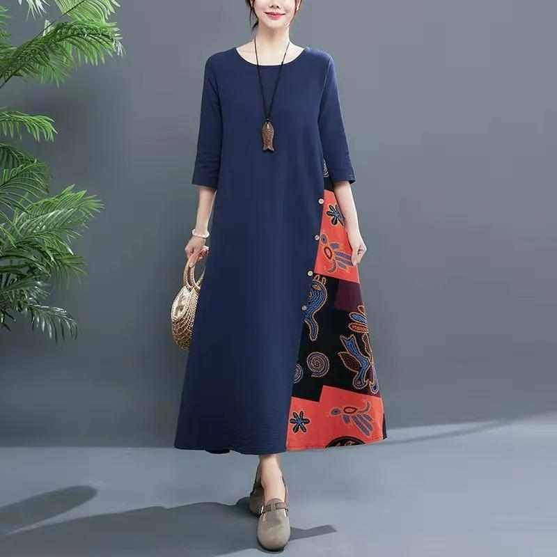 Autumn Retro Floral Round Neck Contrast Color Button Stitching Three-quarter Sleeves