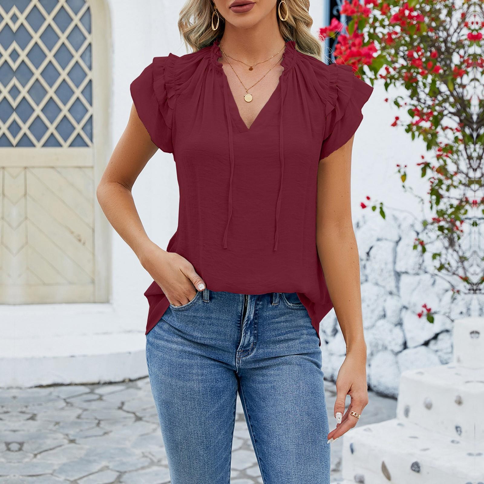 

Женская повседневная мода однотонная с V-образным вырезом и складками повседневная с короткими рукавами M винный