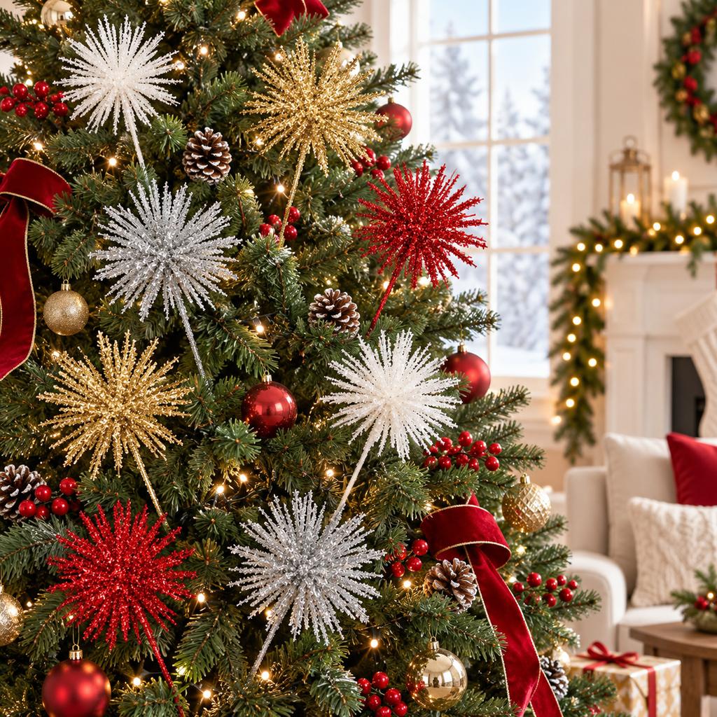 Glitter Christmas Tree Picks with Branch Insert Decorations for Holiday Festive Home Ornament
