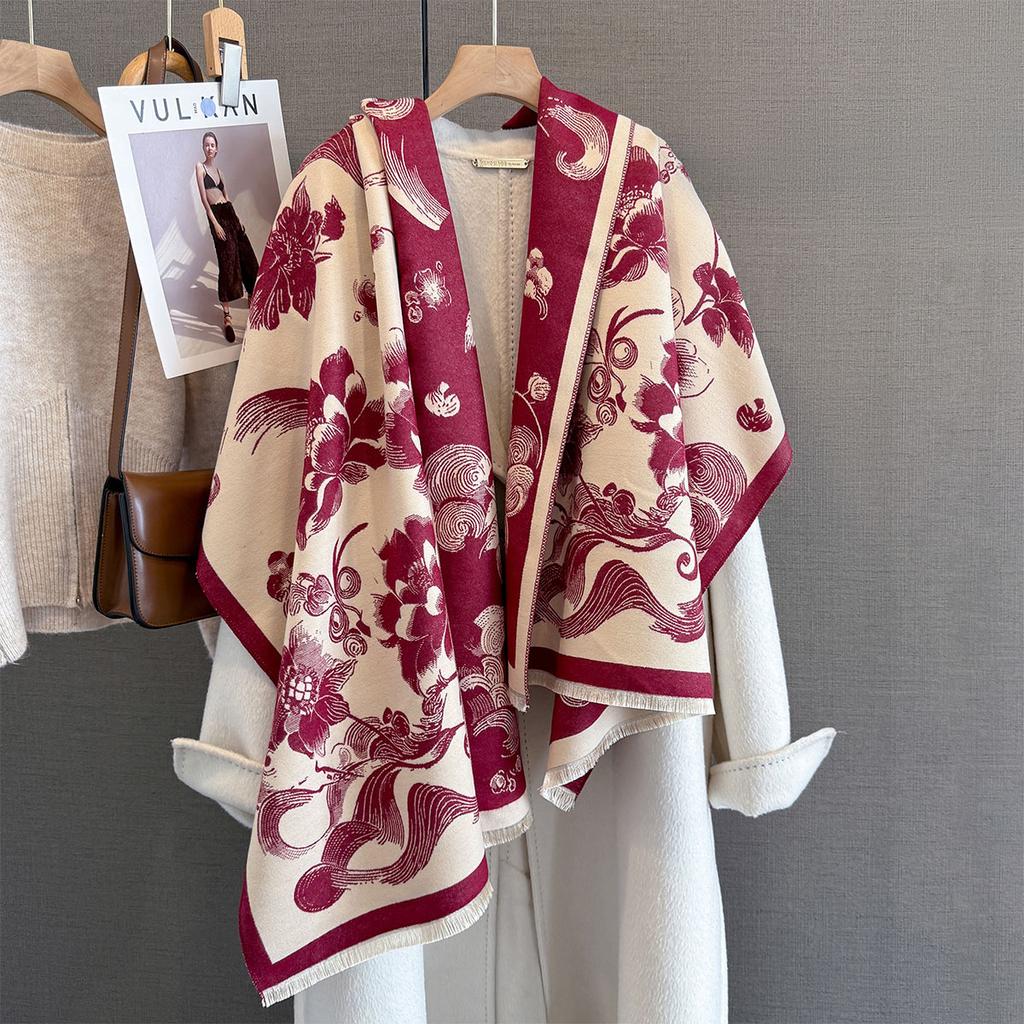 Women Soft Winter Cashmere Scarf Fashion Peony Flower Print Warm Shawl And Wrap Bandana Pashmina Female Scarves