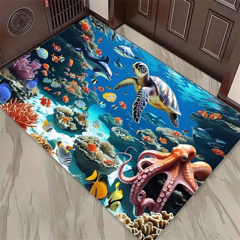 Ocean Life Print Doormat, Non-Slip Entrance Floor Mat with Sea Turtle, Dolphin & Octopus Design, Indoor Rug for Sea Lovers