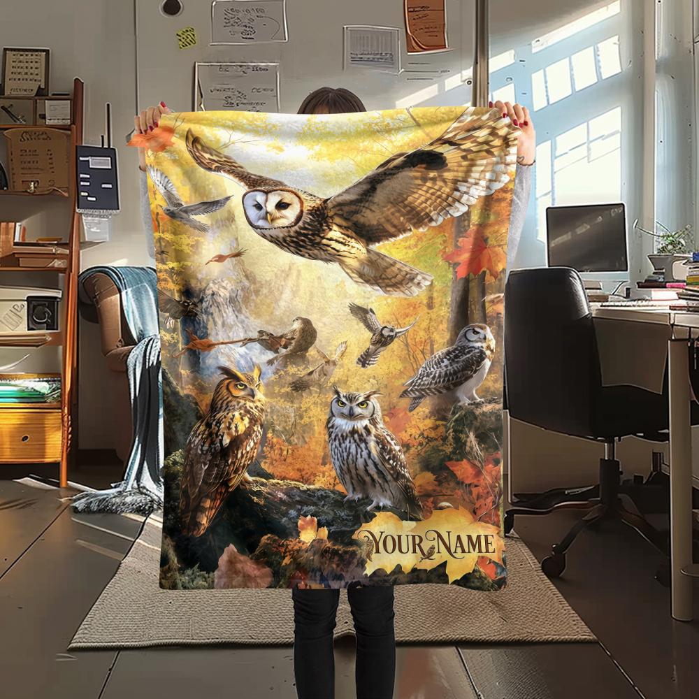 1PC Custom Name Autumn Owl Patterned Flannel Blanket Suitable For All Seasons for Home Decor Warmth and Comfort Gifts Holiday Present_lx