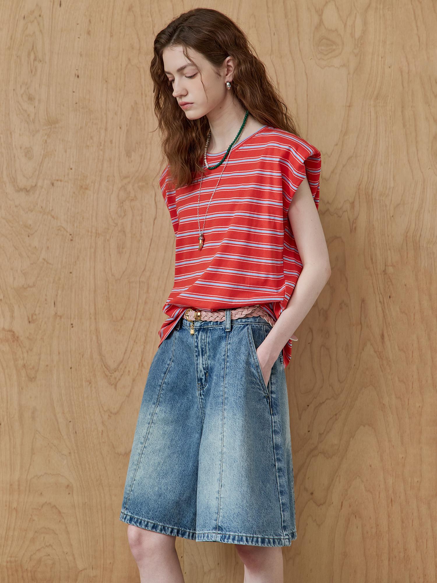 Maja Two-Tone Striped Shoulder Pad Sleeveless T-Shirt Red/Free