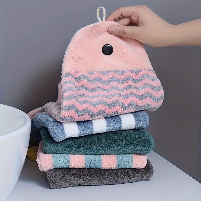 2pcs Cute Fish-Shaped Hand Towels - Soft & Absorbent Coral Fleece, Hanging Design with Striped Patterns, Perfect for Bathroom