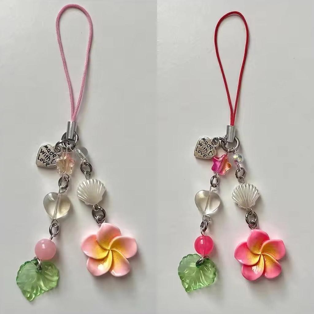 Elegant Phone Chain Cuteness Phone Lanyard Heart Shape Hanging Pendant with Plumeria and Tassels Alloy Texture for Woman