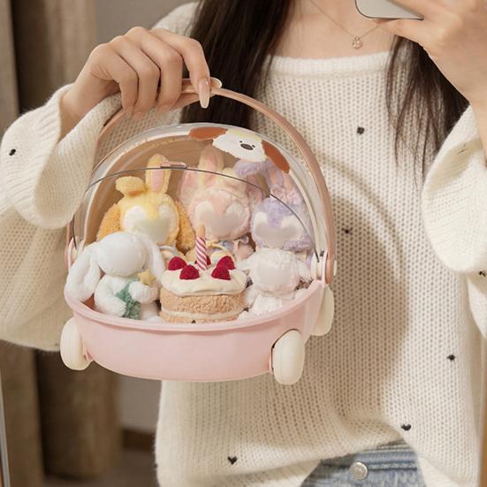 Storage Box Cartoon Trolley Shape Display Case with Handle And Rotating Dust-Proof Cover Organizer for Dolls Jewelry Stationery