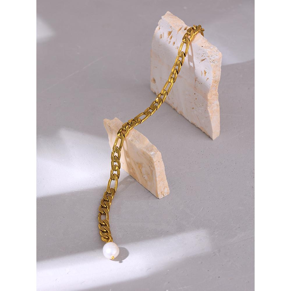 Yhpup Charm Figaro Chain Natural Pearl Anklet 316L Stainless Steel Heavy Metal Sandy Beach Anklet Barefoot Accessories Gift