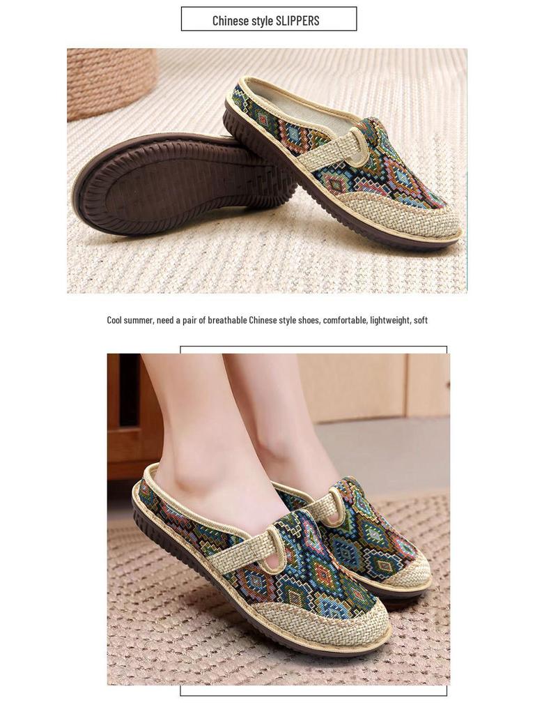 Women's Ethnic Flat Slippers - Summer Cotton Linen Embroidered Soft Sole Shoes