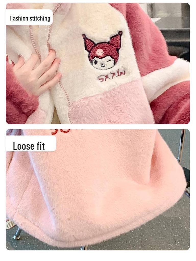 2025 Girls' Mid-Length Cartoon Fuzzy Coat: Rabbit Fur & Velvet Thickened Mink for Autumn/Winter