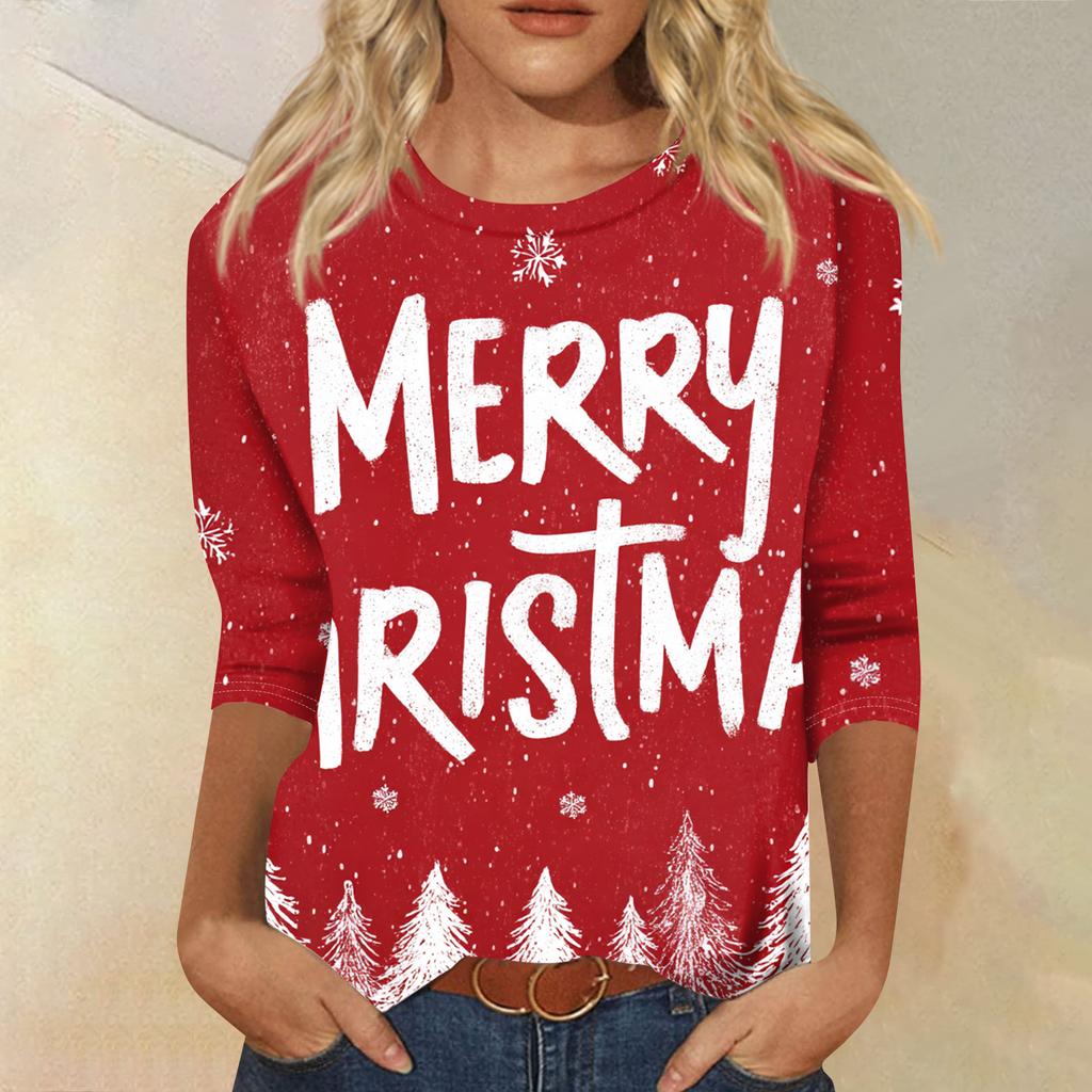 Women's Fashion Casual Round Neck Three-quarter Sleeve Christmas Print T-shirt Top