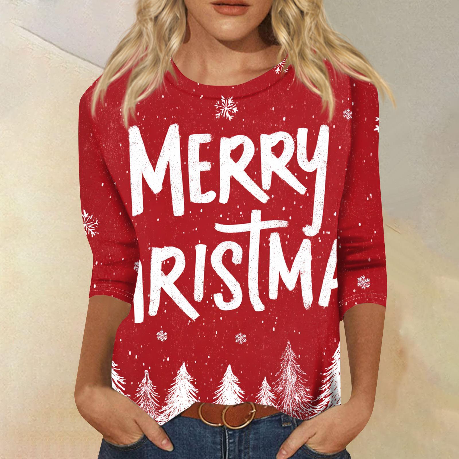 

Женская модная повседневная футболка с круглым вырезом и рукавом три четверти с рождественским принтом XXXXL