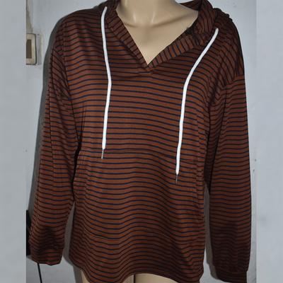 Women's Fashion Loose Striped Hooded Sweater with Drawstring and Pockets