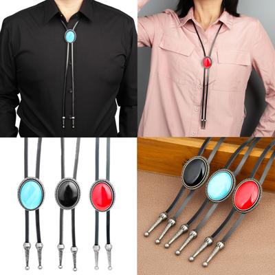 Cravatta Bolo Unisex Vintage con Pendente in Pietra a Forma Ovale, Cordino in Ecopelle Western, Gioielli, Catena da Colletto per Camicia