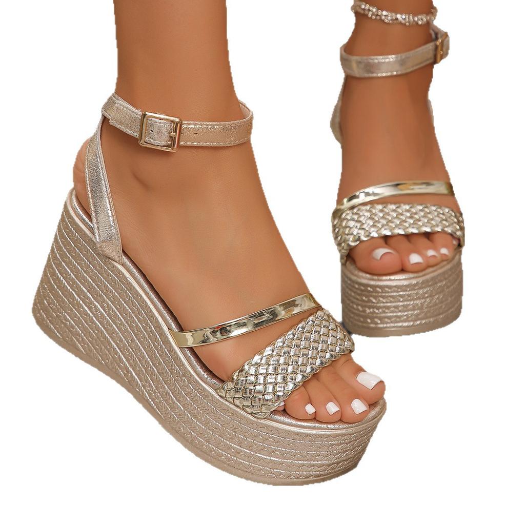 Fashion Pu Leather Weave Wedge Sandals for Women Fashion Gold Chunky Platform Sandals with Ankle Strap Summer Thick Bottom Beach Shoes