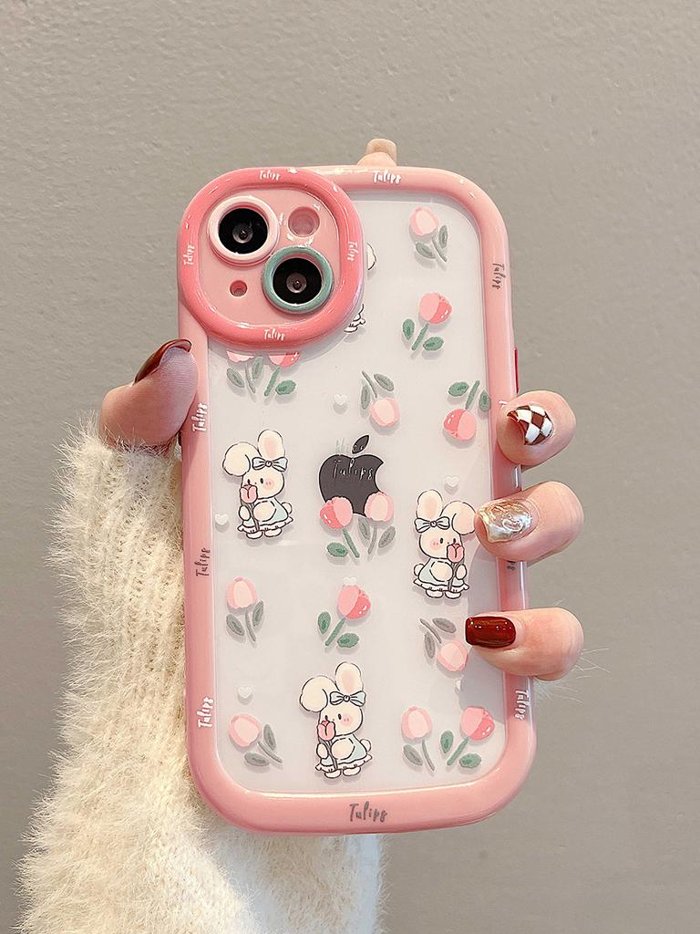 Cute Rabbit Cartoon Bear Shockproof Bumper Flower Phone Cases For Iphone 14 11 12 13 Pro Max Soft Transparent Back Cover Case
