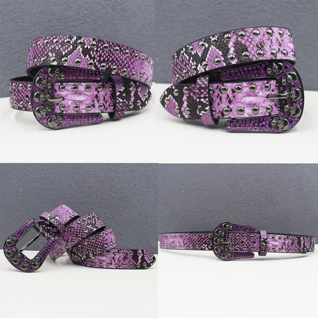 Rhinestone Skull Belt Rivet Punk Decoration Men and Women Belt Abi Decorative Python Pattern Belt