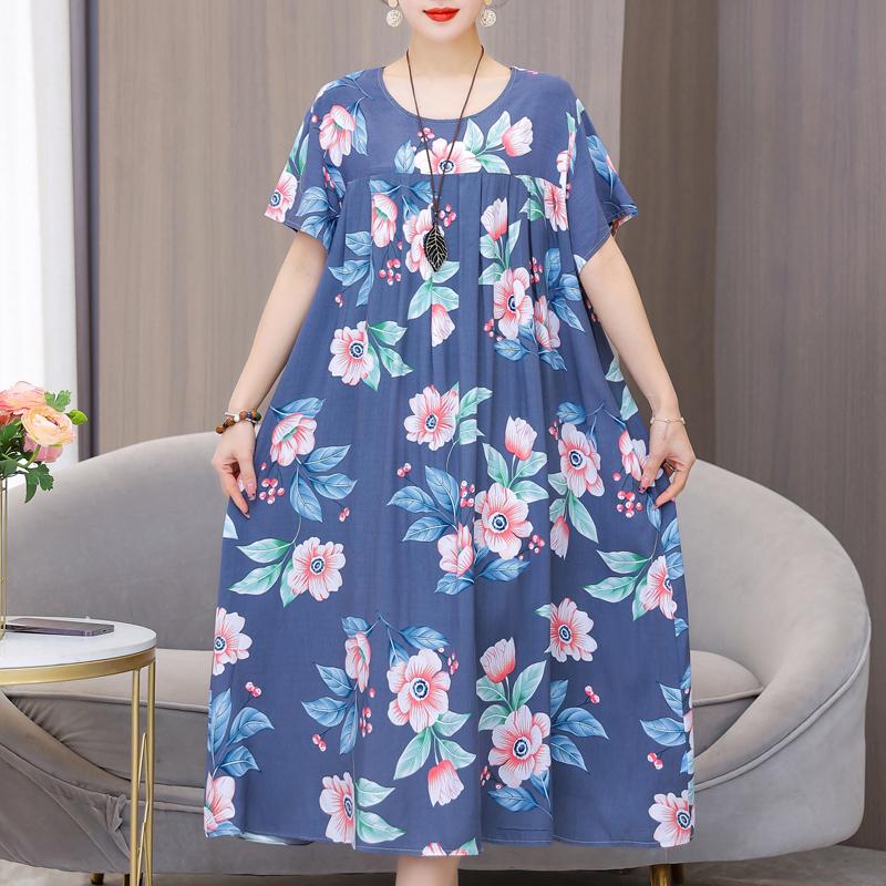 Plus Size Loose Vintage Print Langes Kleid für Damen Lässige Kurzarm-Sommer-Damenkleider