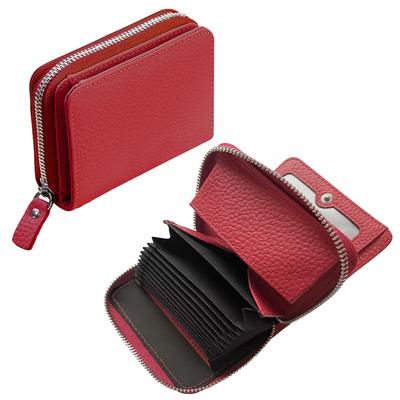 BORPORT Women's Bifold Wallet, Accordion-Style, Compact, Zip-Around, Cowhide Leather, Anti-Skimming (Red)