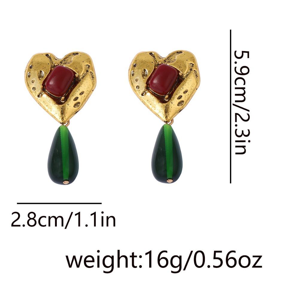 Exaggerated Retro Heart Gemstones Green Water-drop Resin Dangle Earrings for Women Temperament Court-style Stud Earrings Jewelry