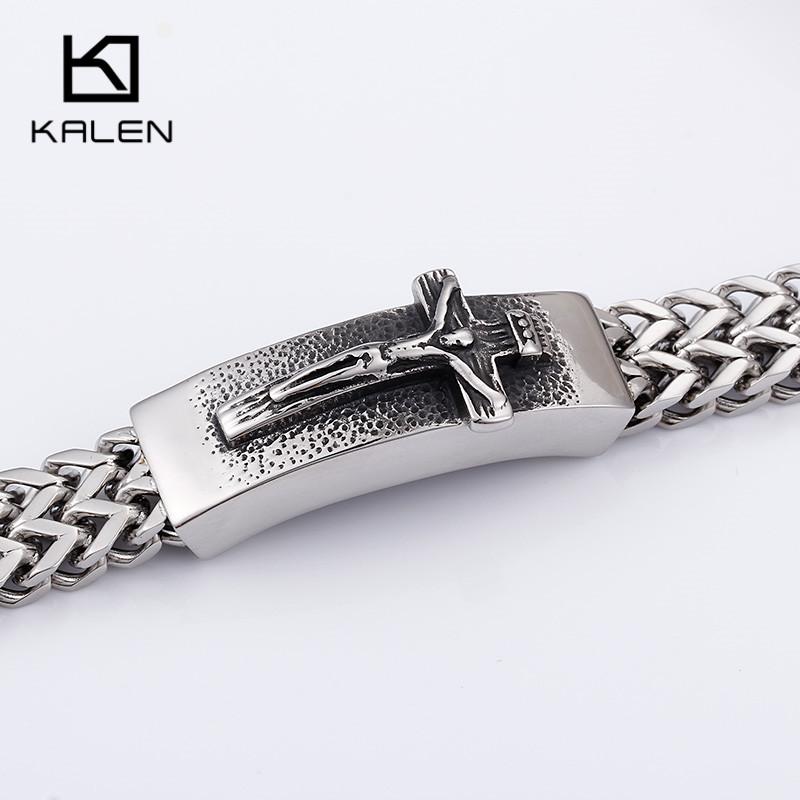 Kalen Classic Christian Jesus Cross Charm Bracelets on Hand for Men Stainless Steel Mesh Chain Link Armband Prayer Jewelry