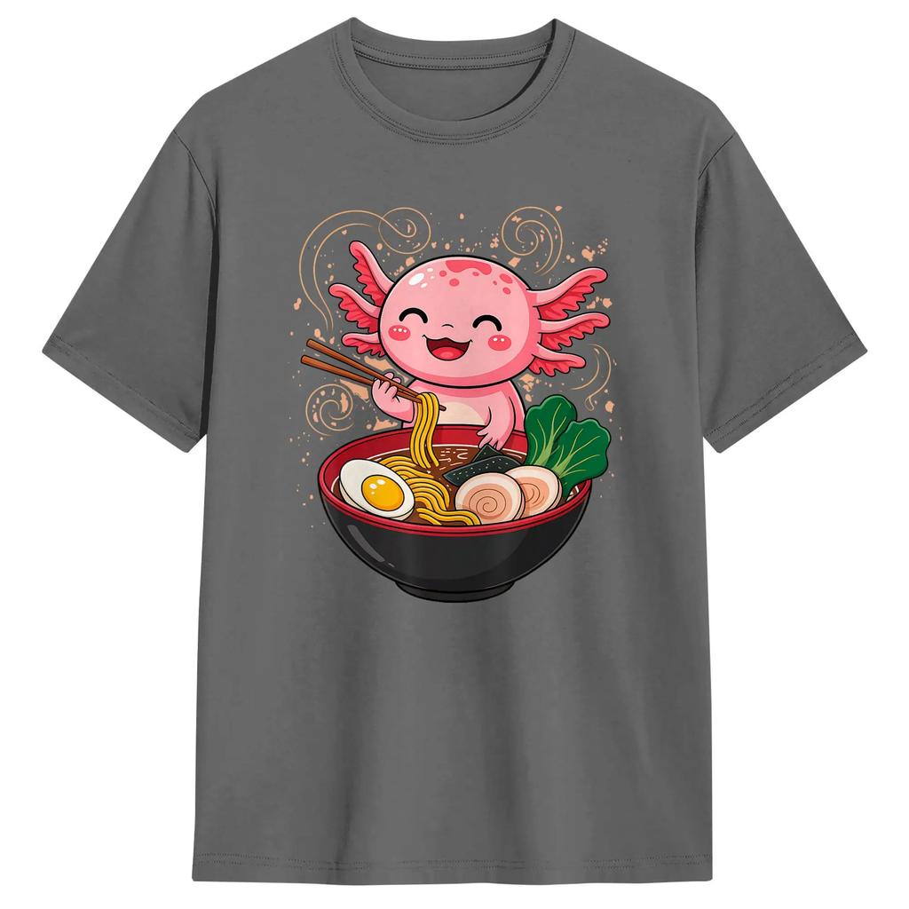 Axolotl Eating Ramen Graphic Japanese Kawaii Anime Men Tee Shirt Short Sleeve Round Collar T-Shirts Graphic Clothes